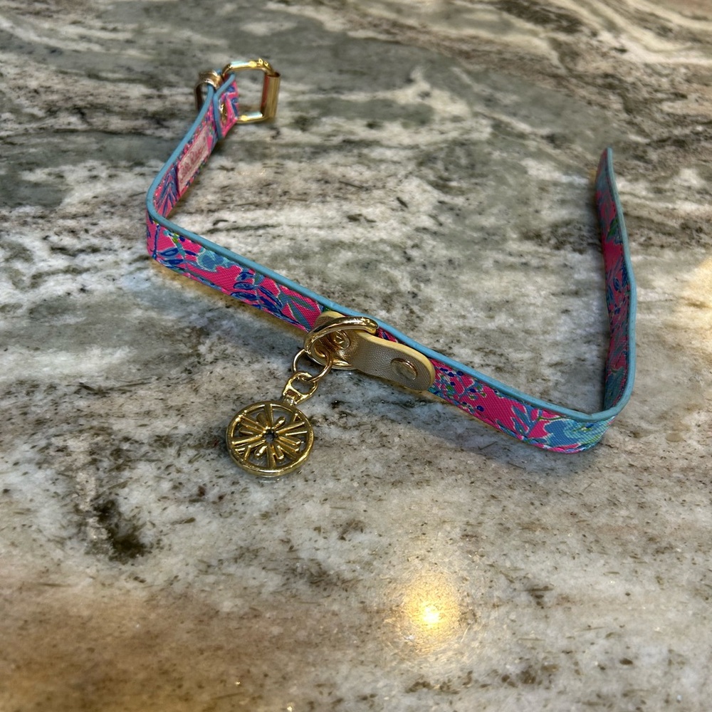 Lilly Pulitzer Pink and Blue dog collar with charm NWOT
